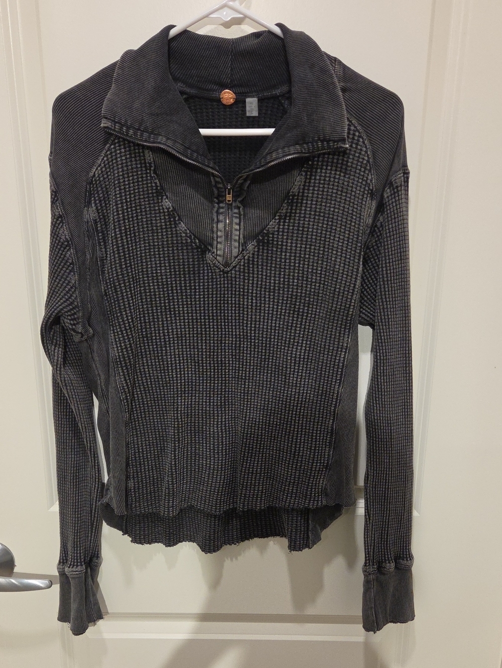 Free Peope One Waffle-Knit Quarter Zip Pullover Sweatshirt in Charcoal